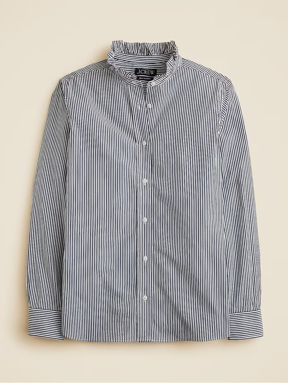 J. Crew Black and White Striped Ruffle Collar Button-Up Top